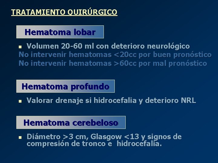 TRATAMIENTO QUIRÚRGICO Hematoma lobar Volumen 20 -60 ml con deterioro neurológico No intervenir hematomas