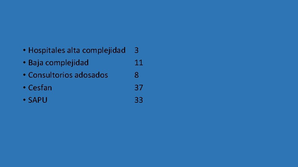  • Hospitales alta complejidad • Baja complejidad • Consultorios ados • Cesfan •