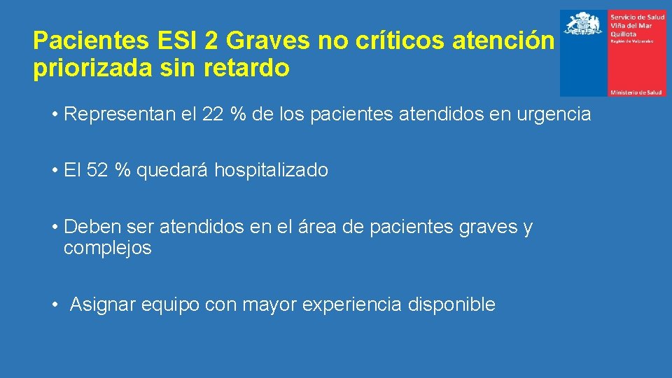 Pacientes ESI 2 Graves no críticos atención priorizada sin retardo • Representan el 22