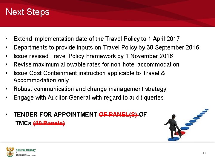 Next Steps • • • Extend implementation date of the Travel Policy to 1