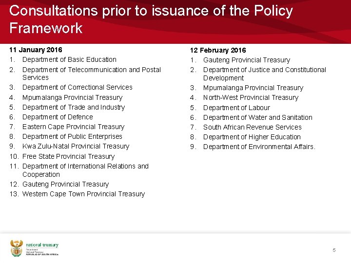 Consultations prior to issuance of the Policy Framework 11 January 2016 1. Department of