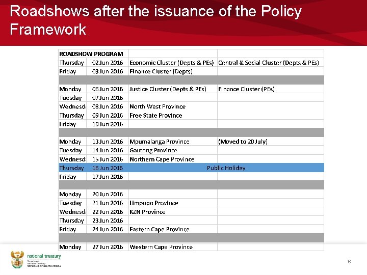 Roadshows after the issuance of the Policy Framework 6 