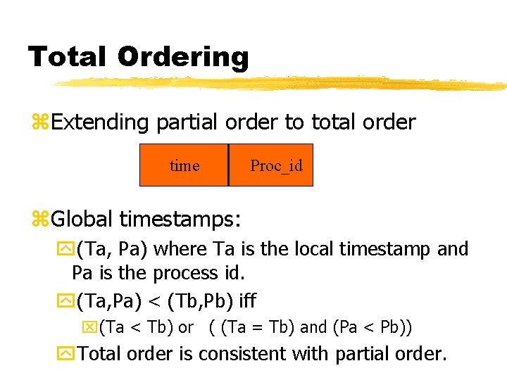 Total Ordering z. Extending partial order to total order time Proc_id z. Global timestamps:
