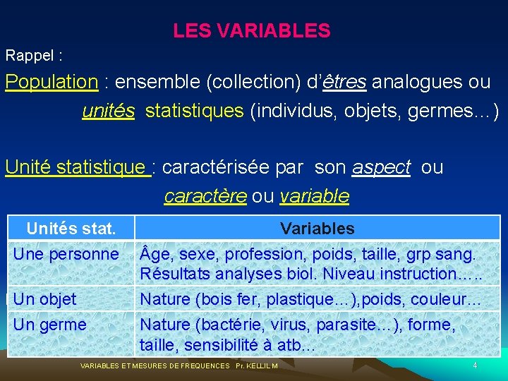 LES VARIABLES Rappel : Population : ensemble (collection) d’êtres analogues ou unités statistiques (individus,