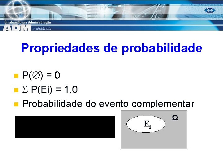 Propriedades de probabilidade n n n P( ) = 0 P(Ei) = 1, 0