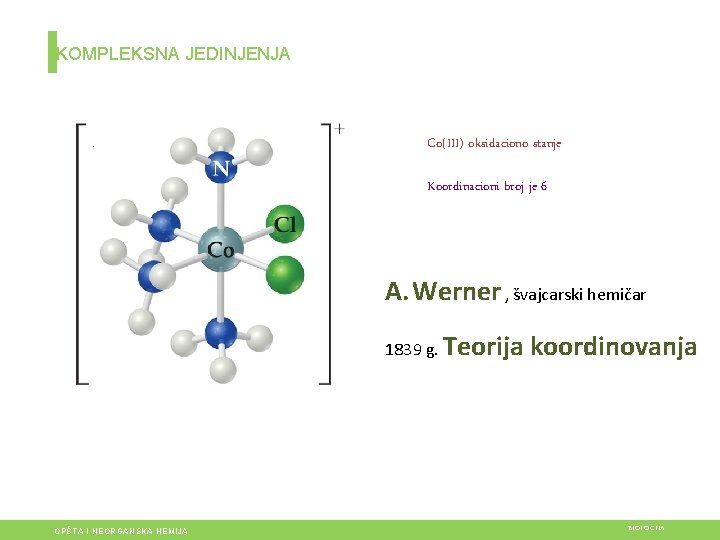 KOMPLEKSNA JEDINJENJA Co(III) oksidaciono stanje Koordinacioni broj je 6 A. Werner , švajcarski hemičar