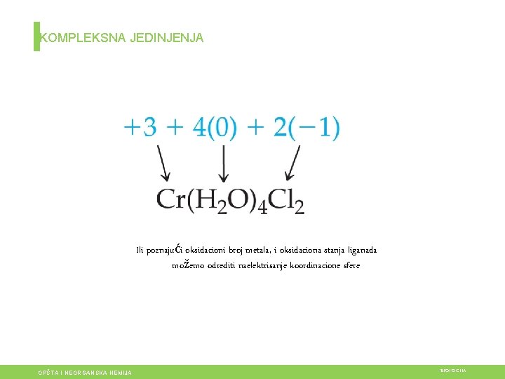 KOMPLEKSNA JEDINJENJA Ili poznajući oksidacioni broj metala, i oksidaciona stanja liganada možemo odrediti naelektrisanje