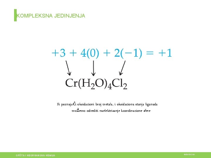 KOMPLEKSNA JEDINJENJA Ili poznajući oksidacioni broj metala, i oksidaciona stanja liganada možemo odrediti naelektrisanje