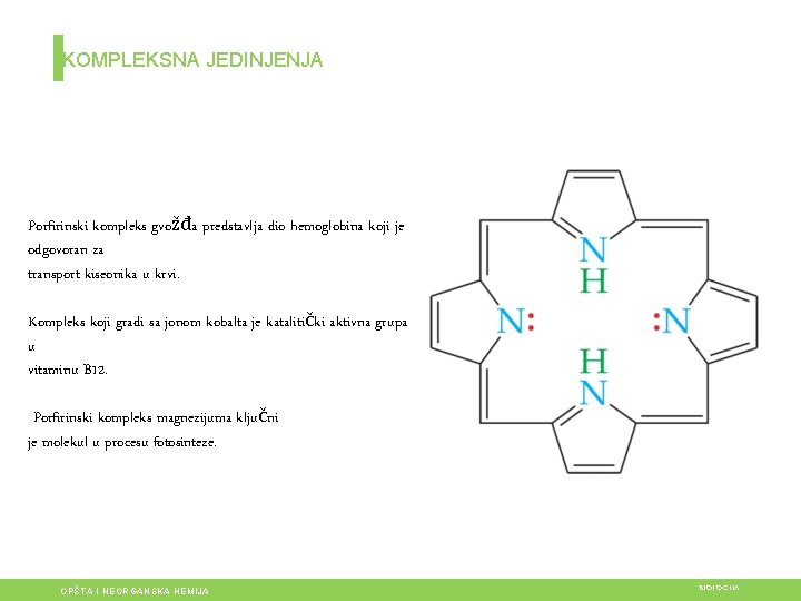 KOMPLEKSNA JEDINJENJA Porfirinski kompleks gvožđa predstavlja dio hemoglobina koji je odgovoran za transport kiseonika
