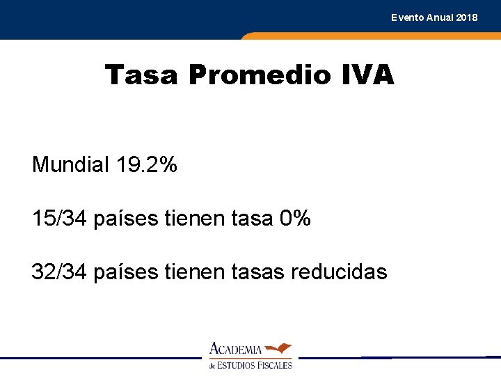 Evento Anual 2018 Tasa Promedio IVA Mundial 19. 2% 15/34 países tienen tasa 0%