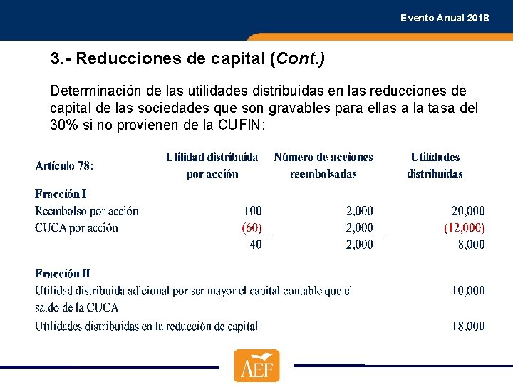 Evento Anual 2018 3. - Reducciones de capital (Cont. ) Determinación de las utilidades