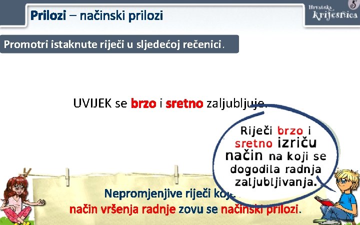 Prilozi – načinski prilozi Promotri istaknute riječi u sljedećoj rečenici. UVIJEK se brzo i