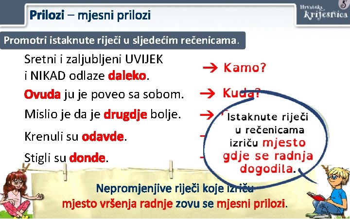 Prilozi – mjesni prilozi Promotri istaknute riječi u sljedećim rečenicama. Sretni i zaljubljeni UVIJEK