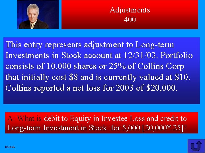 Adjustments 400 This entry represents adjustment to Long-term Investments in Stock account at 12/31/03.