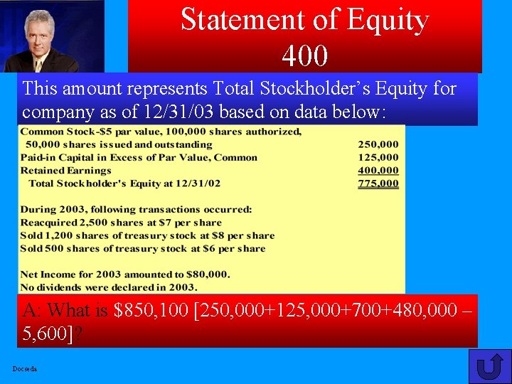 Statement of Equity 400 This amount represents Total Stockholder’s Equity for company as of