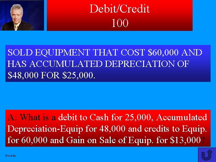 Debit/Credit 100 SOLD EQUIPMENT THAT COST $60, 000 AND HAS ACCUMULATED DEPRECIATION OF $48,