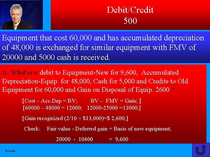 Debit/Credit 500 Equipment that cost 60, 000 and has accumulated depreciation of 48, 000