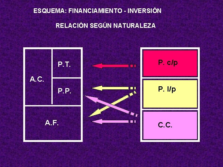 ESQUEMA: FINANCIAMIENTO - INVERSIÓN RELACIÓN SEGÚN NATURALEZA P. T. P. c/p P. P. l/p