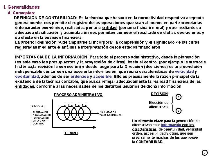 I. Generalidades A. Conceptos: DEFINICION DE CONTABILIDAD: Es la técnica que basada en la