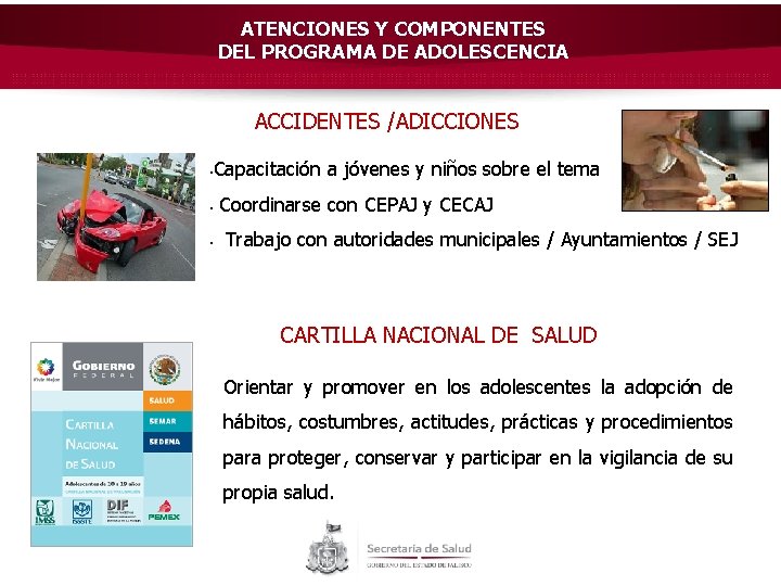 ATENCIONES Y COMPONENTES DEL PROGRAMA DE ADOLESCENCIA ACCIDENTES /ADICCIONES Capacitación a jóvenes y niños