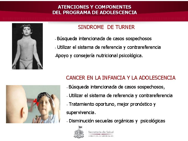 ATENCIONES Y COMPONENTES DEL PROGRAMA DE ADOLESCENCIA SINDROME DE TURNER § Búsqueda intencionada de