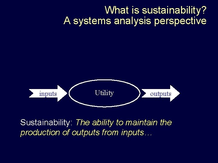 What is sustainability? A systems analysis perspective inputs Utility outputs Sustainability: The ability to