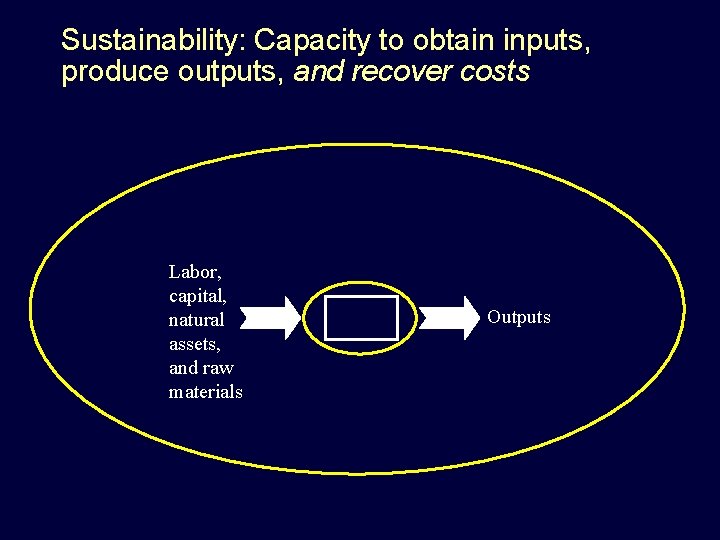 Sustainability: Capacity to obtain inputs, produce outputs, and recover costs Labor, capital, natural assets,