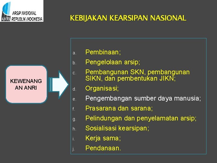 KEBIJAKAN KEARSIPAN NASIONAL a. b. c. KEWENANG AN ANRI d. e. f. g. h.