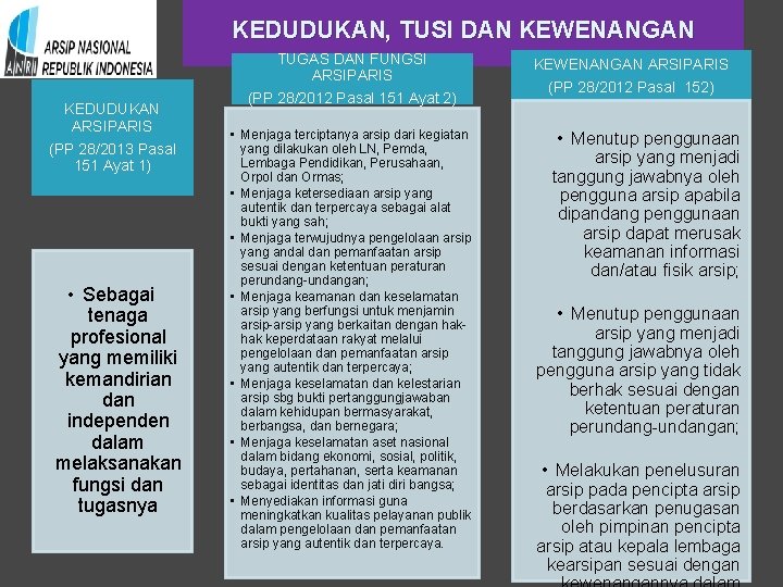 KEDUDUKAN, TUSI DAN KEWENANGAN KEDUDUKAN ARSIPARIS (PP 28/2013 Pasal 151 Ayat 1) • Sebagai