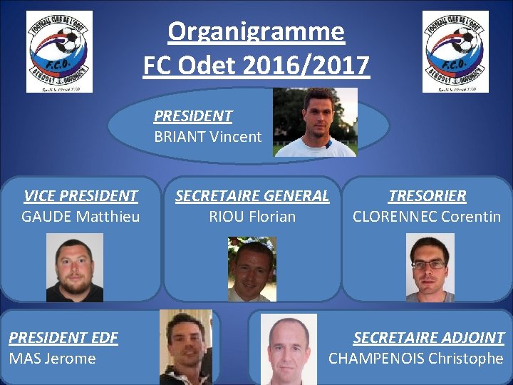 Organigramme FC Odet 2016/2017 PRESIDENT BRIANT Vincent VICE PRESIDENT GAUDE Matthieu PRESIDENT EDF MAS