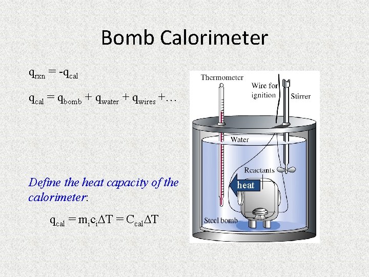 Bomb Calorimeter qrxn = -qcal = qbomb + qwater + qwires +… Define the