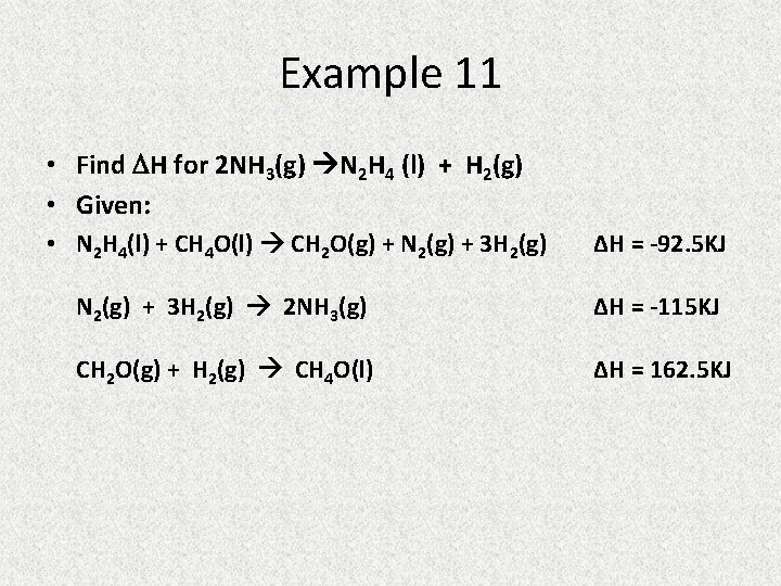 Example 11 • Find H for 2 NH 3(g) N 2 H 4 (l)