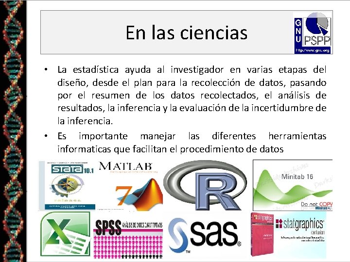 En las ciencias • La estadística ayuda al investigador en varias etapas del diseño,