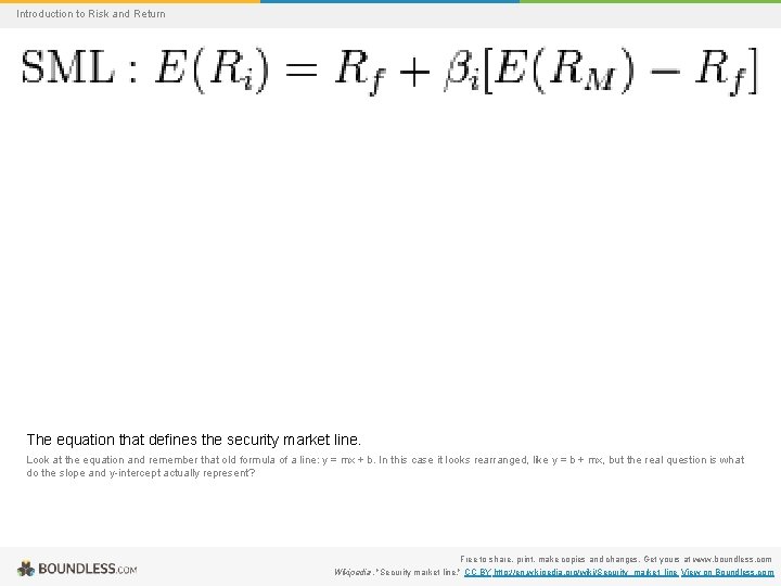 Introduction to Risk and Return The equation that defines the security market line. Look