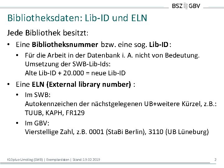 Bibliotheksdaten: Lib-ID und ELN Jede Bibliothek besitzt: • Eine Bibliotheksnummer bzw. eine sog. Lib-ID: