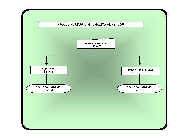 PROSES PEMBUATAN SHAMPO MENGKUDU Pencampuran Bahan (Mixer) Pengemasan Sachet Shampoo Kemasan Sachet Pengemasan Botol