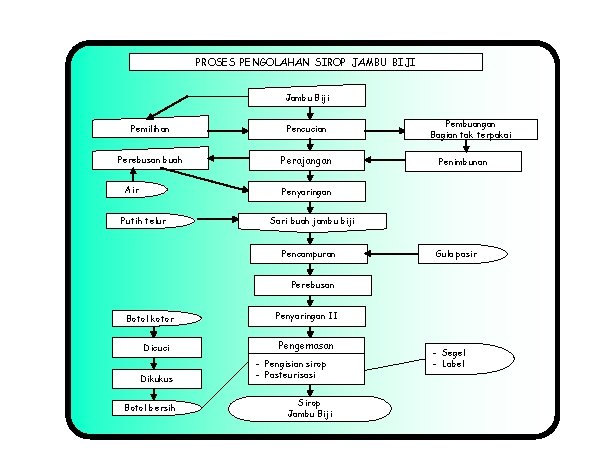 PROSES PENGOLAHAN SIROP JAMBU BIJI Jambu Biji Pemilihan Pencucian Perebusan buah Perajangan Air Pembuangan