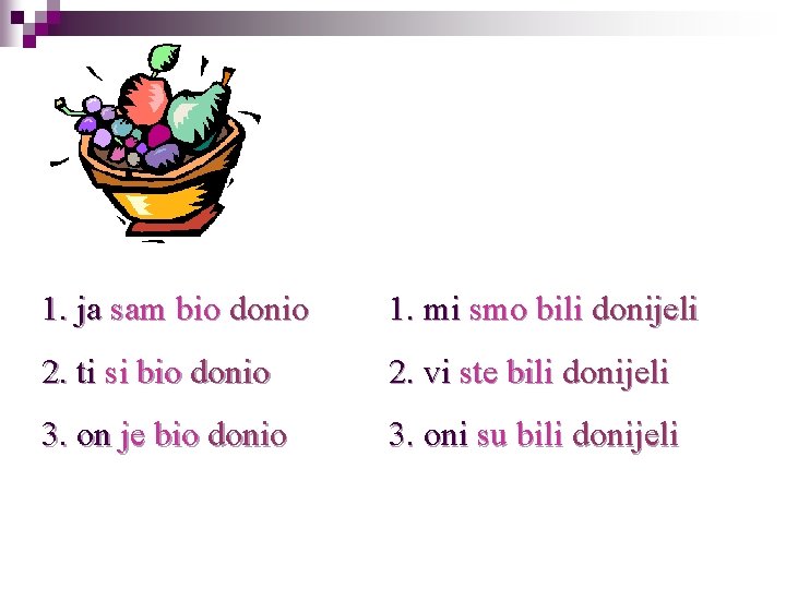 1. ja sam bio donio 1. mi smo bili donijeli 2. ti si bio