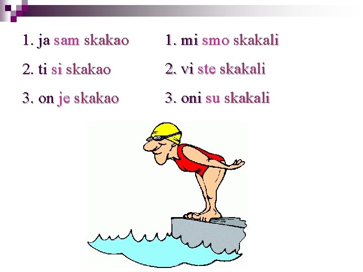 1. ja sam skakao 1. mi smo skakali 2. ti si skakao 2. vi