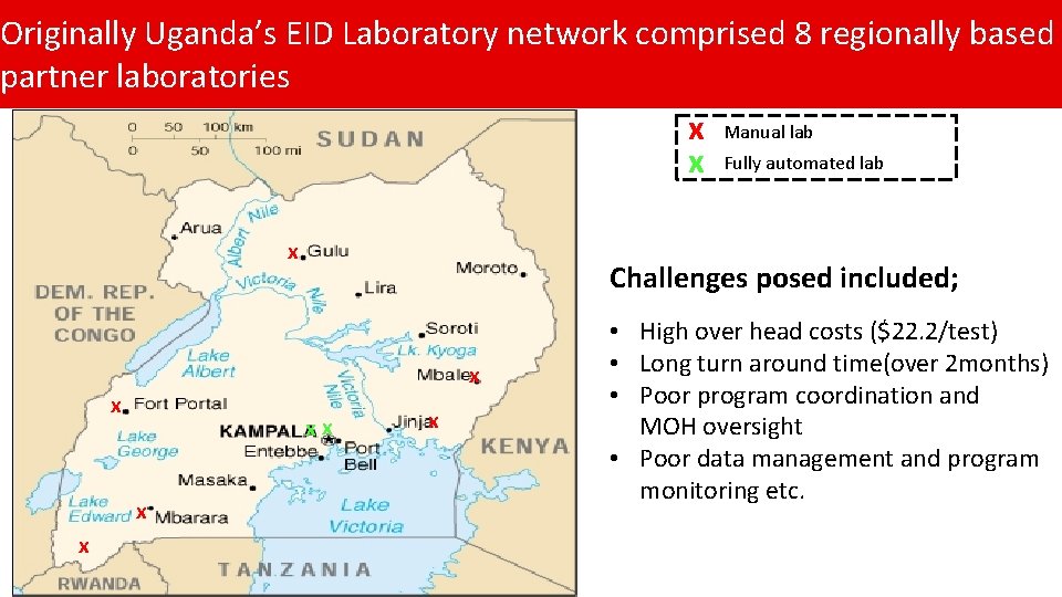 Originally Uganda’s EID Laboratory network comprised 8 regionally based partner laboratories x Manual lab
