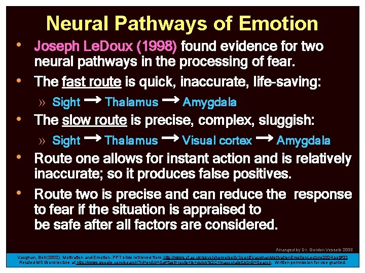 Neural Pathways of Emotion • Joseph Le. Doux (1998) found evidence for two •