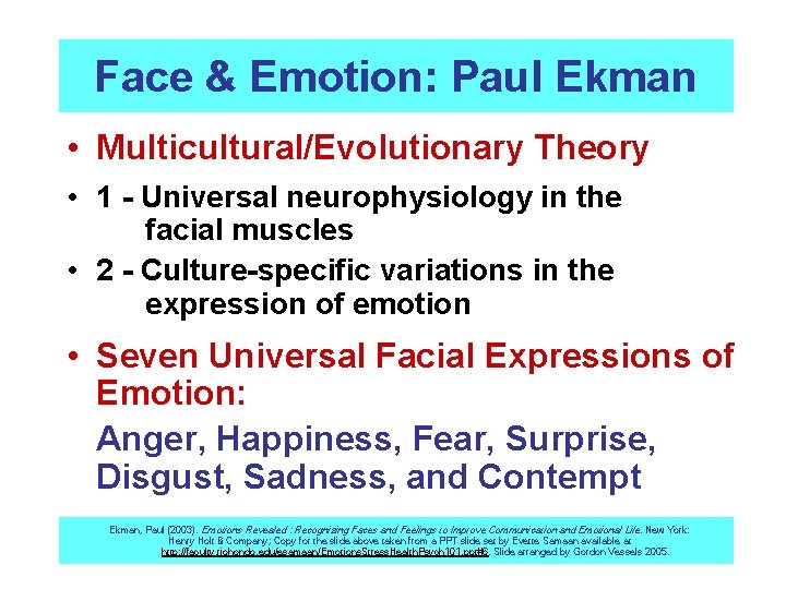 Face & Emotion: Paul Ekman • Multicultural/Evolutionary Theory • 1 - Universal neurophysiology in
