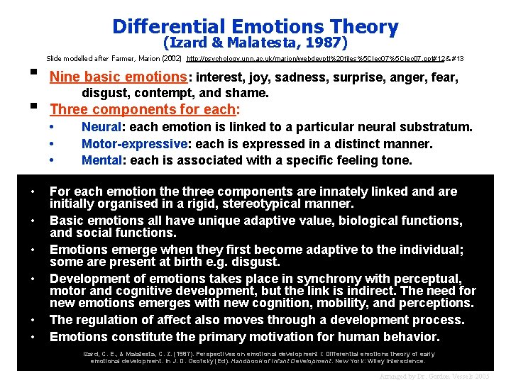 Differential Emotions Theory (Izard & Malatesta, 1987) Slide modelled after Farmer, Marion (2002) http: