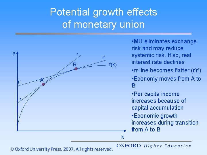 Potential growth effects of monetary union y r B r’ • MU eliminates exchange