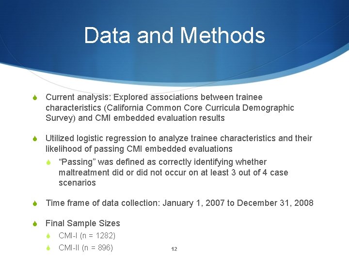 Data and Methods S Current analysis: Explored associations between trainee characteristics (California Common Core