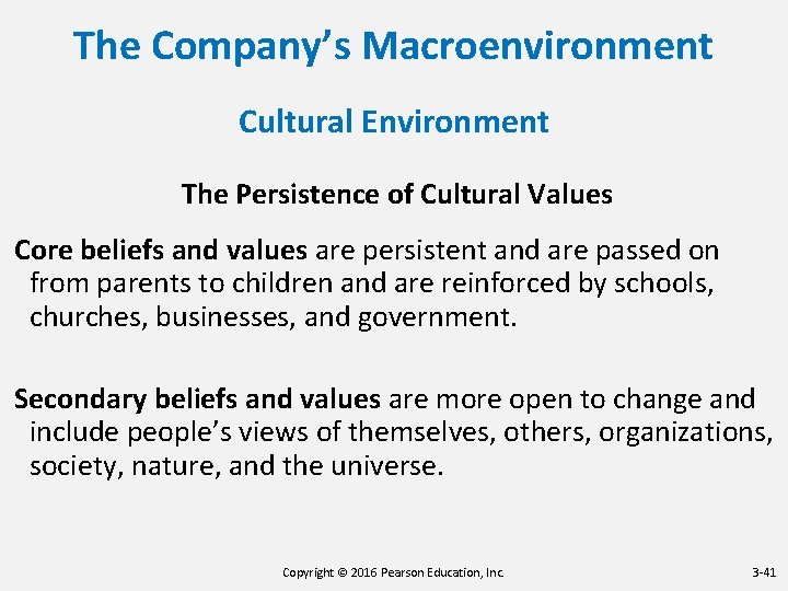 The Company’s Macroenvironment Cultural Environment The Persistence of Cultural Values Core beliefs and values The Company’s Macroenvironment Cultural Environment The Persistence of Cultural Values Core beliefs and values