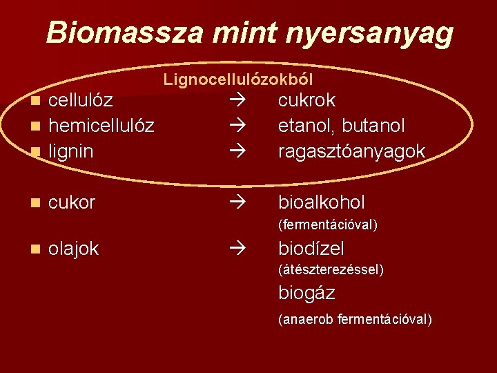 Biomassza mint nyersanyag Lignocellulózokból cellulóz n hemicellulóz n lignin n n cukor cukrok etanol,