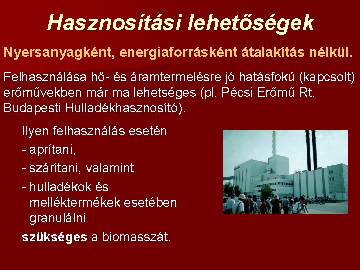Hasznosítási lehetőségek Nyersanyagként, energiaforrásként átalakítás nélkül. Felhasználása hő- és áramtermelésre jó hatásfokú (kapcsolt) erőművekben