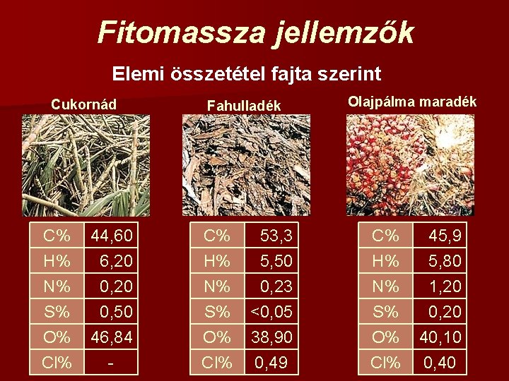 Fitomassza jellemzők Elemi összetétel fajta szerint Cukornád Fahulladék Olajpálma maradék C% H% N% S%