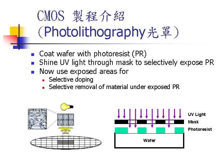 CMOS 製程介紹 (Photolithography光罩) n n n Coat wafer with photoresist (PR) Shine UV light